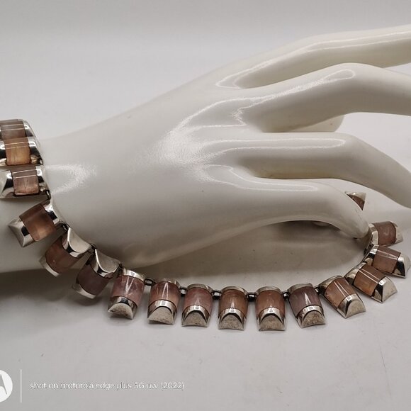 Vintage Sterling By Laura:   Sterling Tile and Moonstone Collar Necklace 14" - Picture 11 of 16